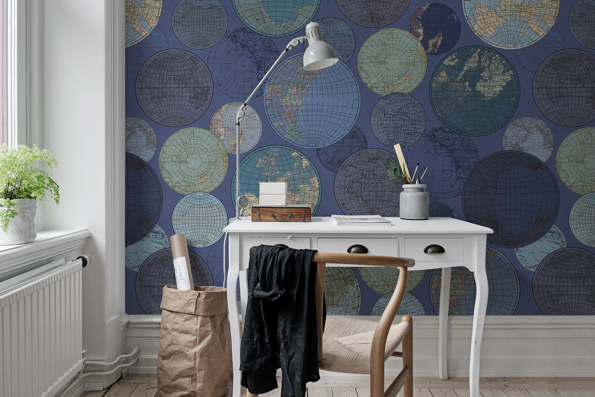 R13883 Globes Gathering Blue Palette Mural by Rebel Walls