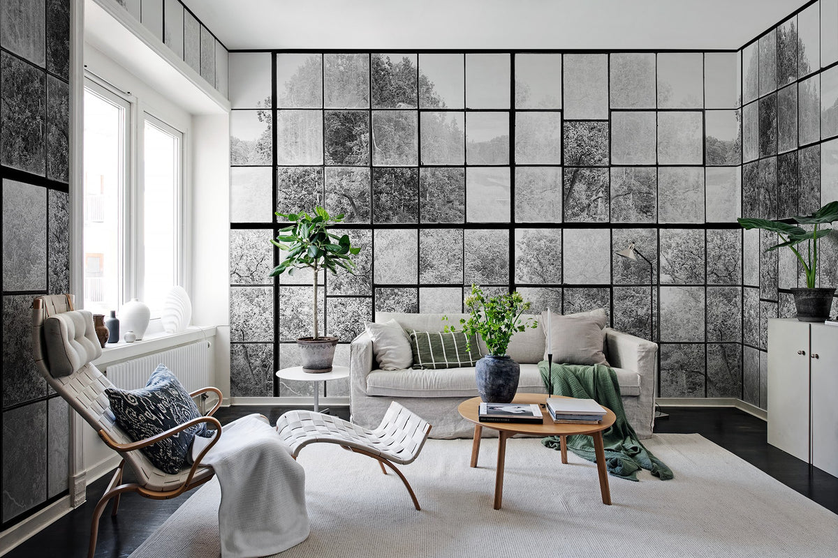R14382 Factory Window Graphite Curious Mural by Rebel Walls