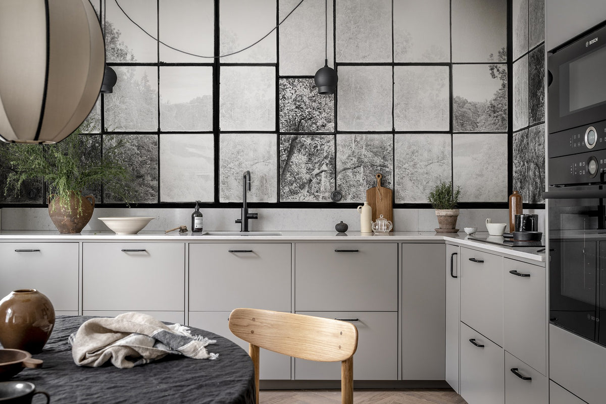 R14382 Factory Window Graphite Curious Mural by Rebel Walls