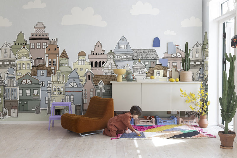 R14602 London Houses Summer Pops Mural by Rebel Walls