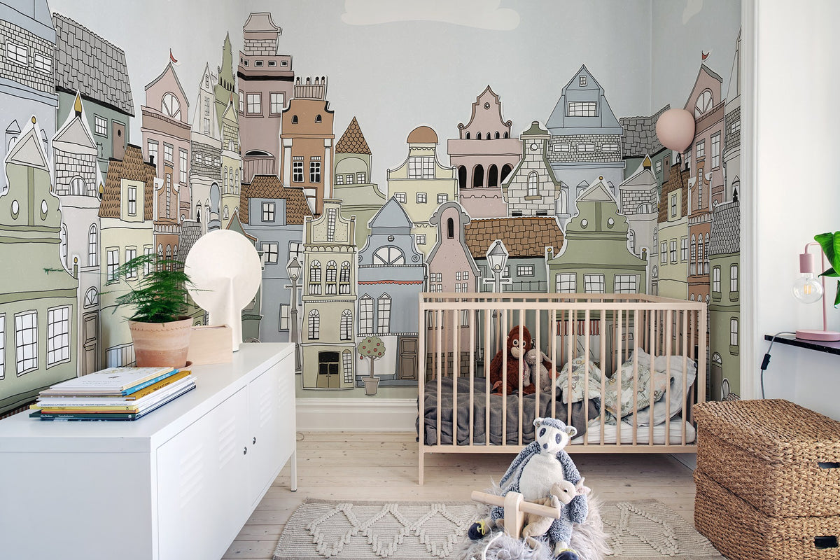 R14602 London Houses Summer Pops Mural by Rebel Walls
