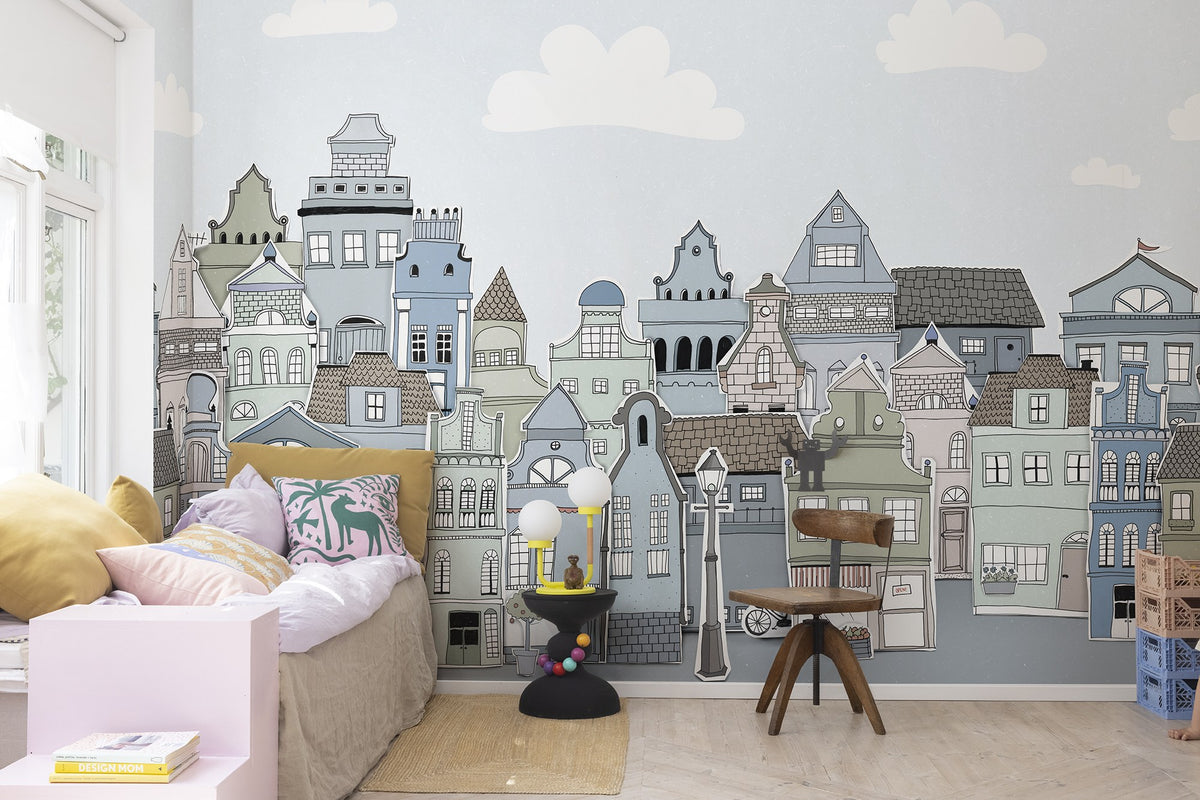 R14603 London Houses Blue Pops Mural by Rebel Walls