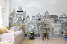 R14603 London Houses Blue Pops Mural by Rebel Walls