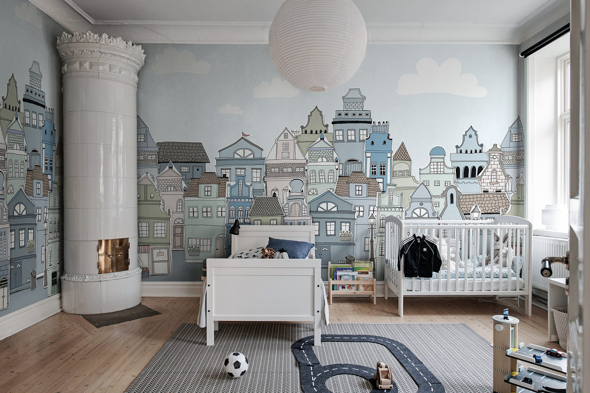 R14603 London Houses Blue Pops Mural by Rebel Walls