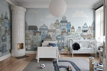 R14603 London Houses Blue Pops Mural by Rebel Walls
