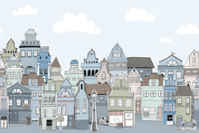 R14603 London Houses Blue Pops Mural by Rebel Walls