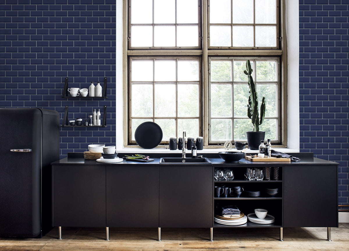 R14864 Bistro Tiles Royal Blue Mural by Rebel Walls