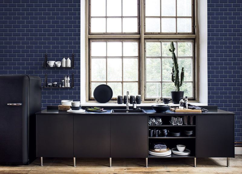 R14864 Bistro Tiles Royal Blue Mural by Rebel Walls