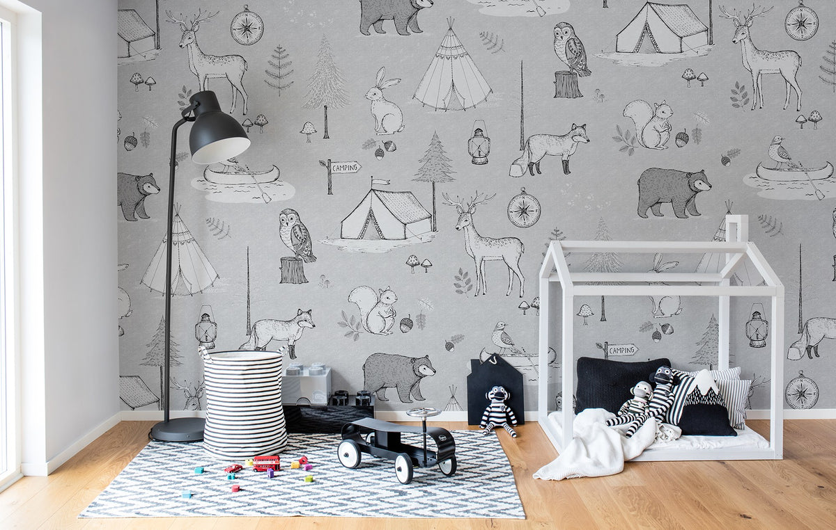 R15312 Camping Trip Gray Home Mural by Rebel Walls