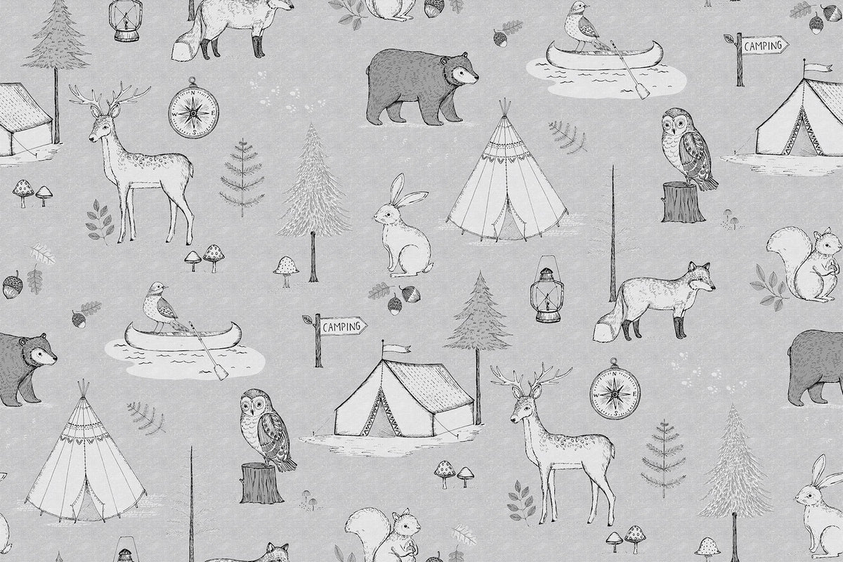 R15312 Camping Trip Gray Home Mural by Rebel Walls
