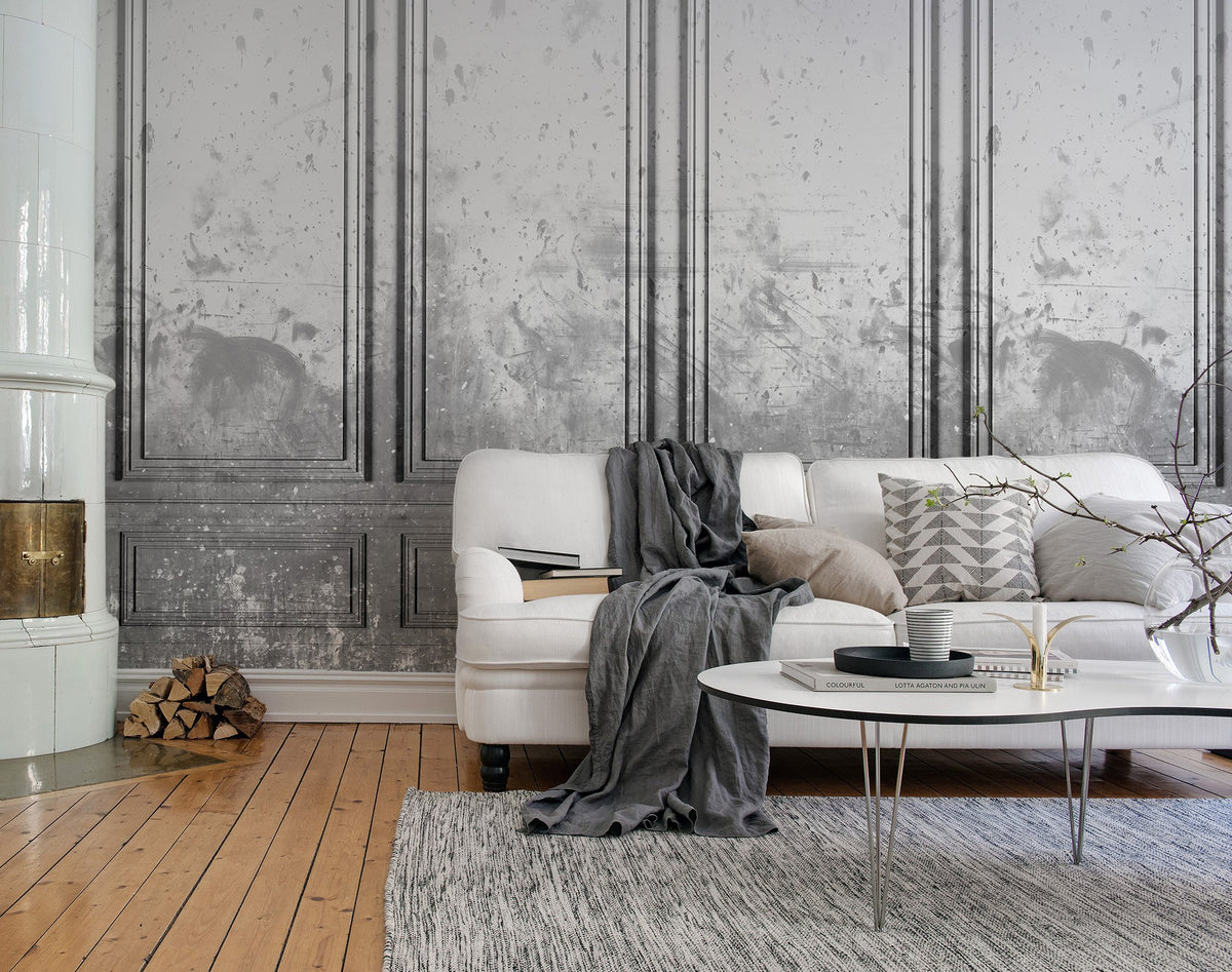 R15383 Patinated Panels Smoke Palette Mural by Rebel Walls