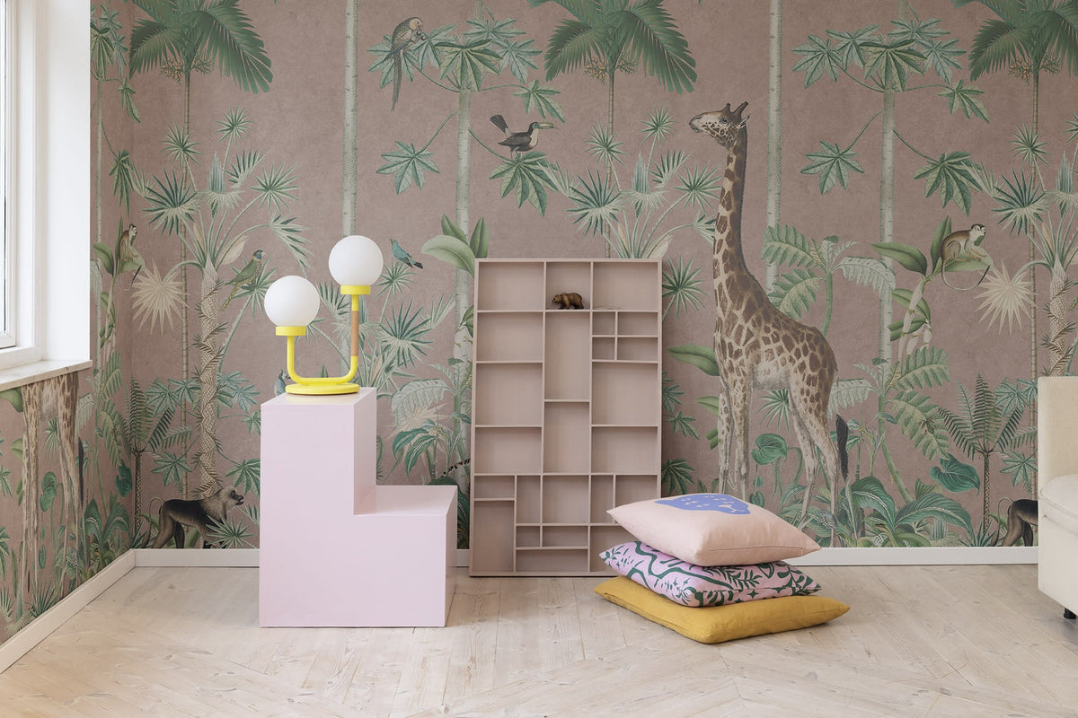 R16796 Giraffes Stroll Pink Wonder World Mural by Rebel Walls
