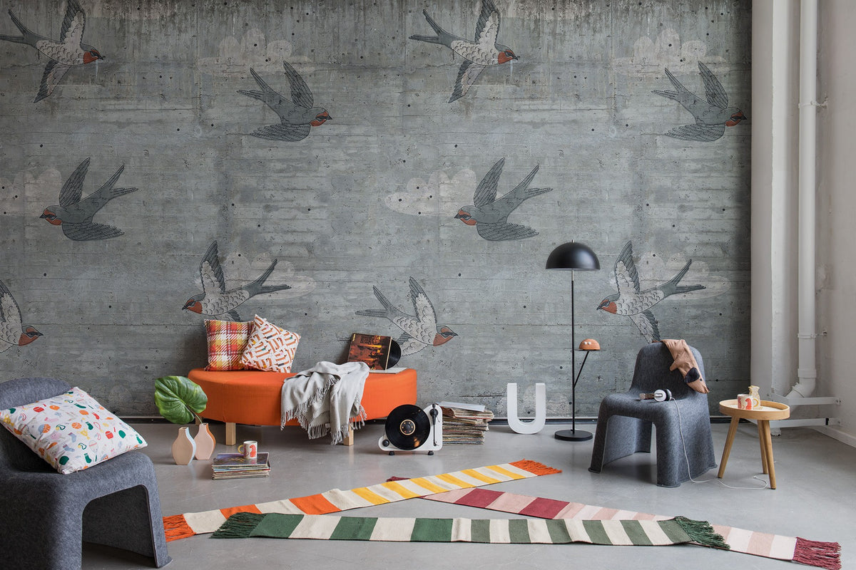 R16971 Concrete Art Swallow Play Mural by Rebel Walls
