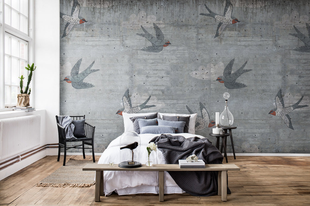 R16971 Concrete Art Swallow Play Mural by Rebel Walls