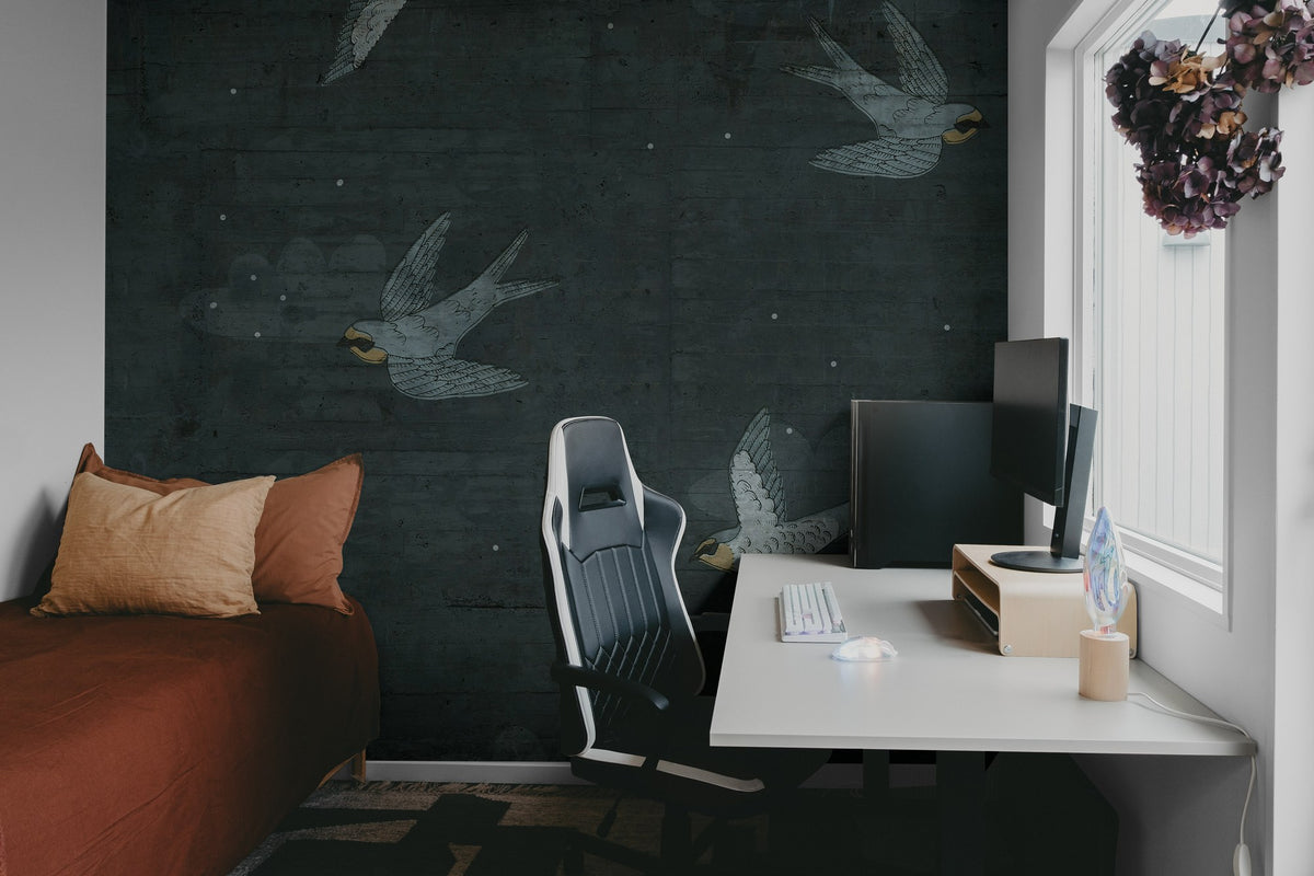 R16972 Concrete Art Night Swallow Play Mural by Rebel Walls