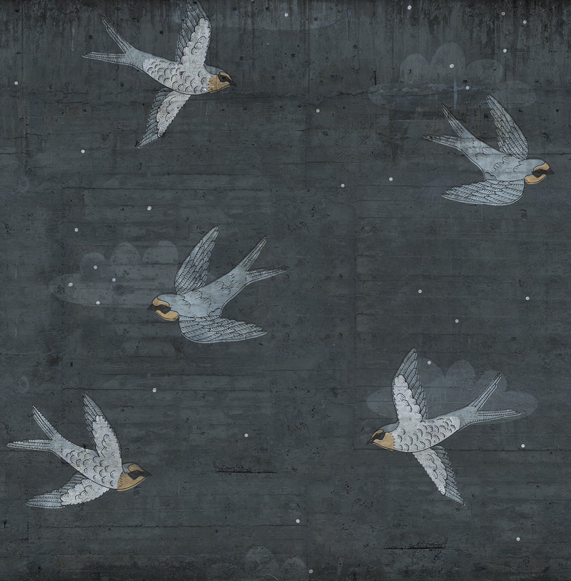 R16972 Concrete Art Night Swallow Play Mural by Rebel Walls