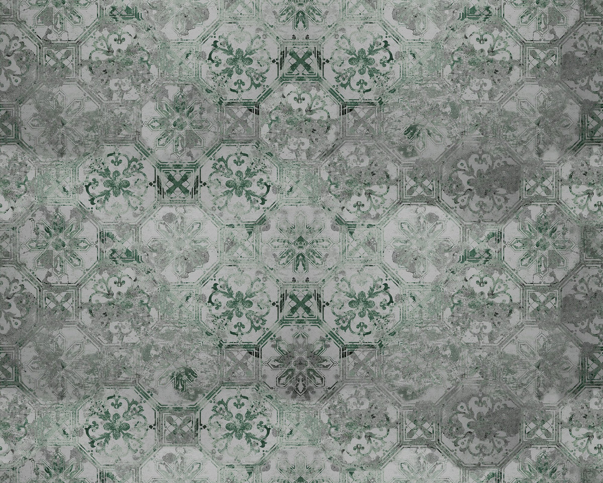 R17384 Oriental Tiles Sage Cultural Sceneries Mural by Rebel Walls