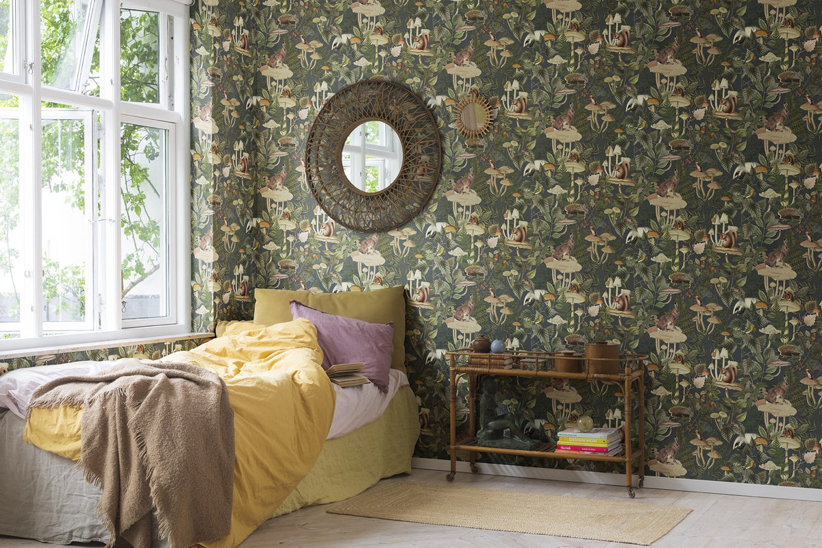 R18002 Wildlife Creek Forest Green Dreamland Wallpaper by Rebel Walls