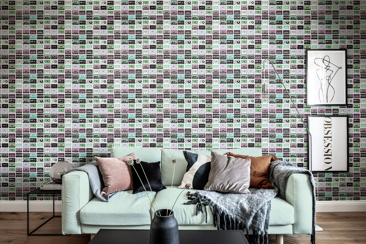 R18516 Casette Tape Purple Rain Pops Wallpaper by Rebel Walls
