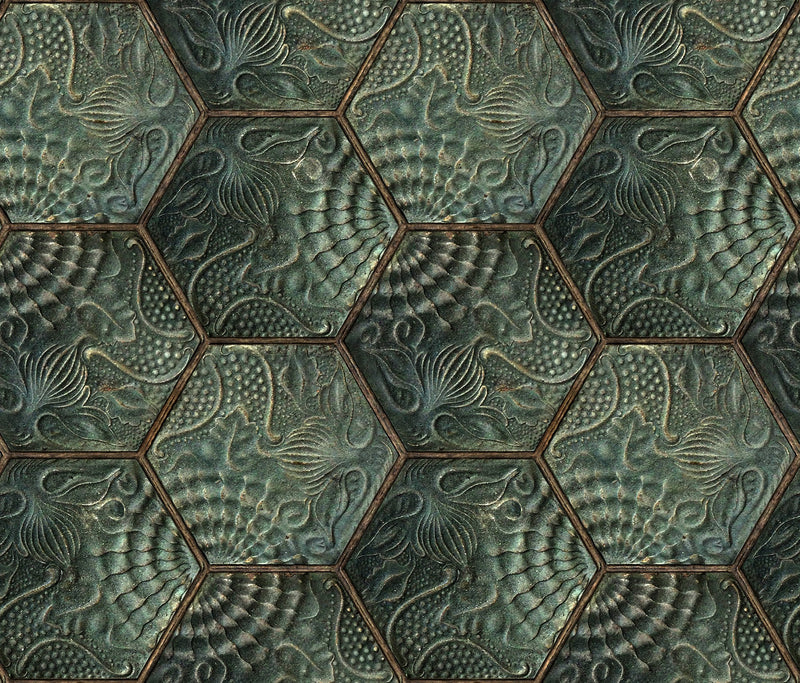 R18527 Hexagon Tiles Emerald Pops Wallpaper by Rebel Walls