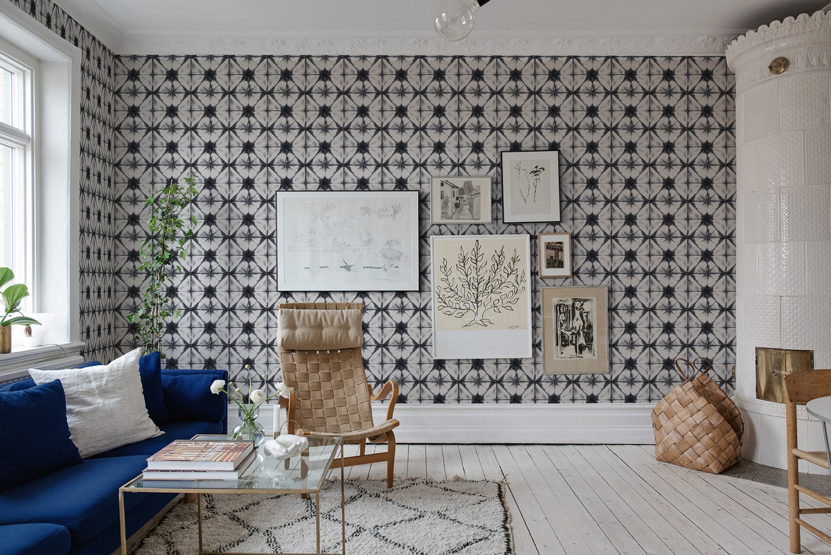R18540 Tie Dye Kaleidoscope Dark Blue Pops Wallpaper by Rebel Walls
