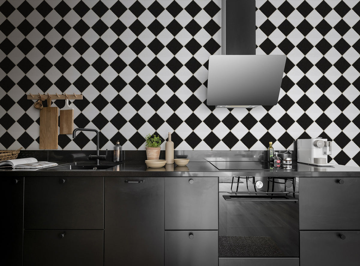 R18551 Checkered Tiles Black & White Pops Wallpaper by Rebel Walls