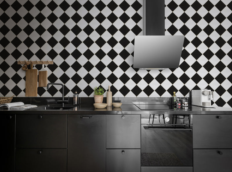 R18551 Checkered Tiles Black & White Pops Wallpaper by Rebel Walls