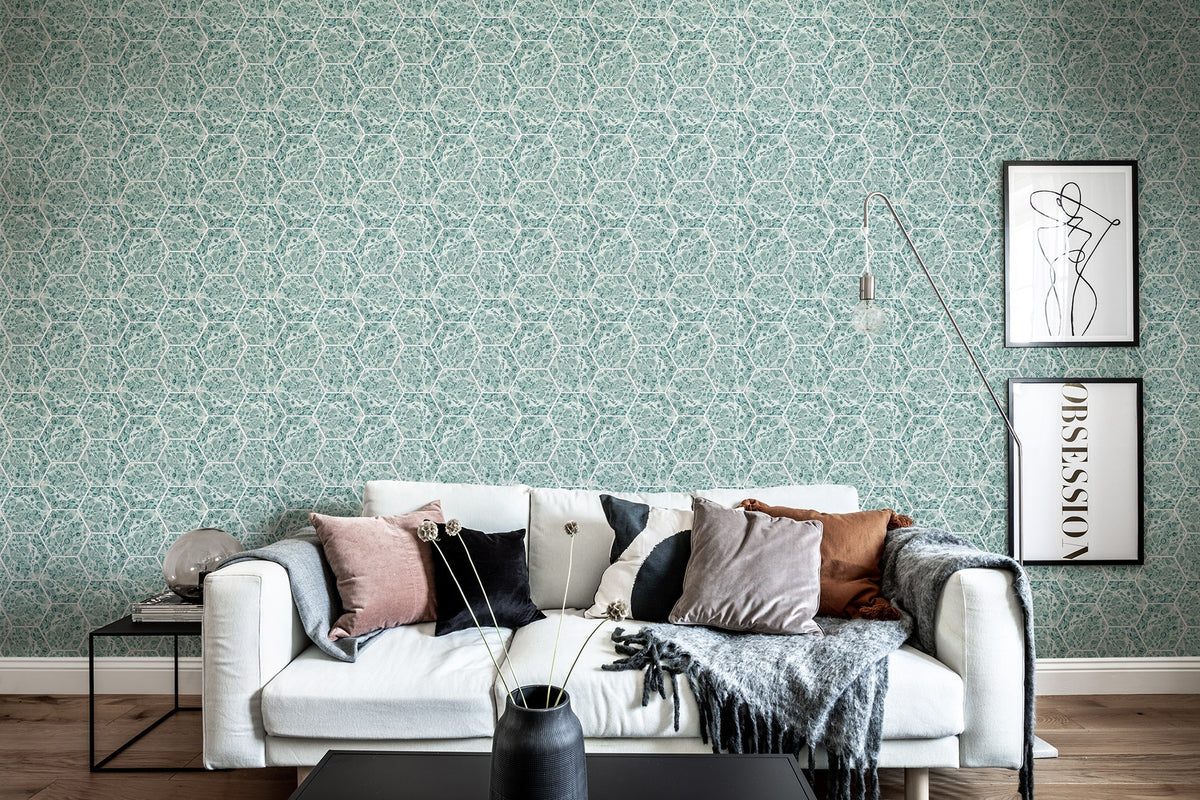 R18559 Marbled Hexagon Tiles Green Pops Wallpaper by Rebel Walls