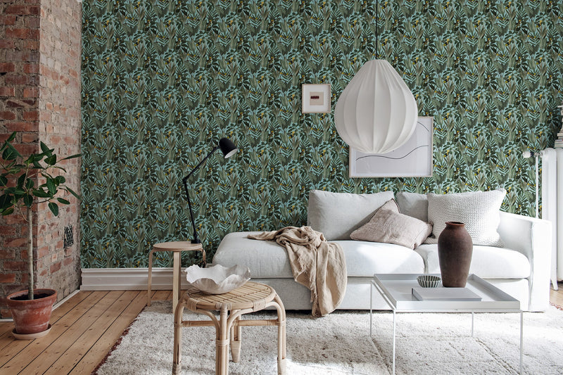 R18563 Birds of Paradise Lush Green Pops Wallpaper by Rebel Walls