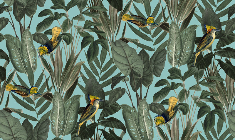 R18563 Birds of Paradise Lush Green Pops Wallpaper by Rebel Walls