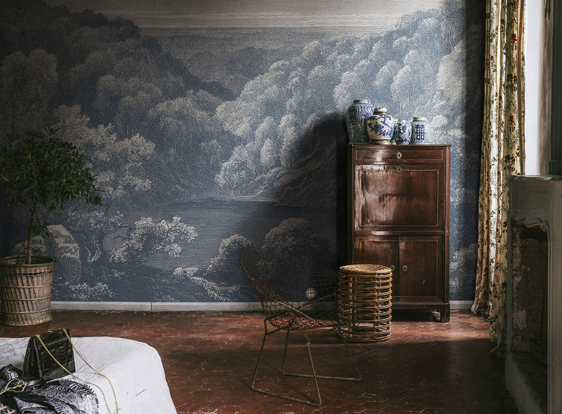 R19217 Mystery Lake Blue Vintage Brocade Mural by Rebel Walls