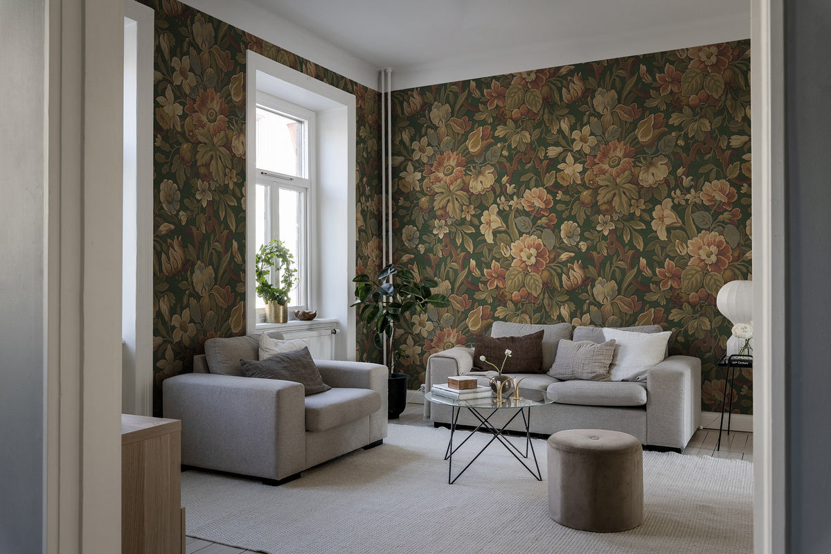 R19238 Vintage Flora Green Vintage Brocade Mural by Rebel Walls
