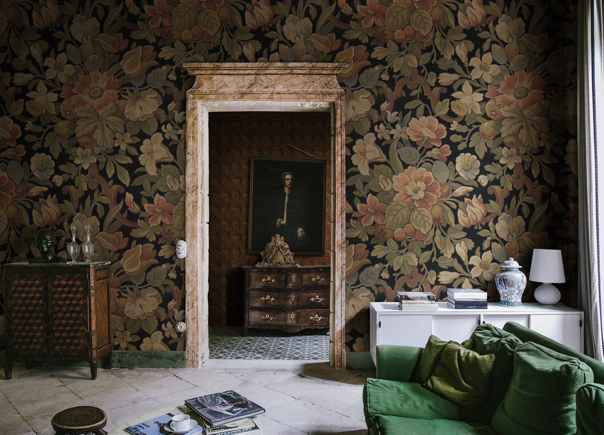 R19241 Vintage Flora Ebony Vintage Brocade Mural by Rebel Walls