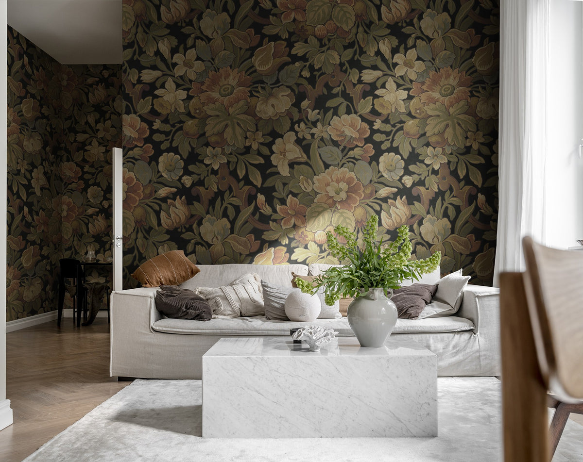 R19241 Vintage Flora Ebony Vintage Brocade Mural by Rebel Walls