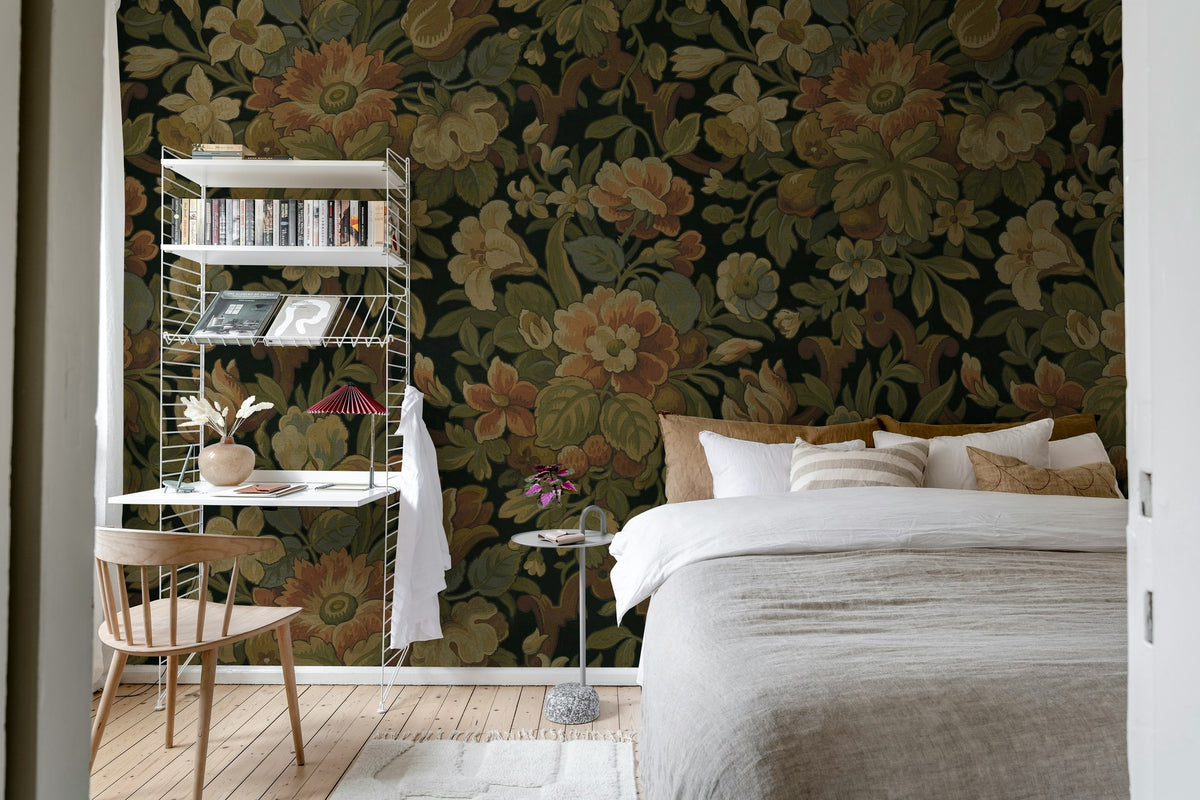 R19241 Vintage Flora Ebony Vintage Brocade Mural by Rebel Walls
