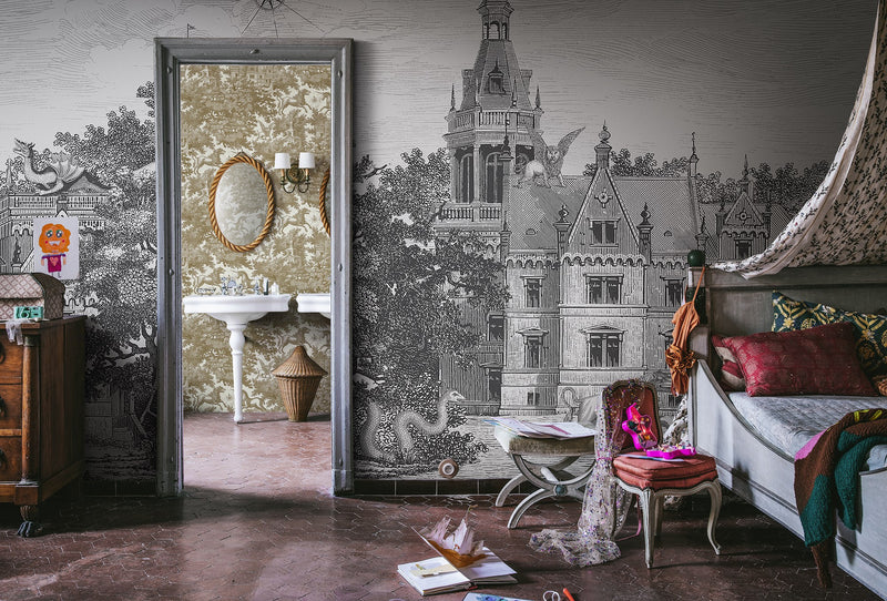 R19256 Fairyland Graphite Vintage Brocade Mural by Rebel Walls