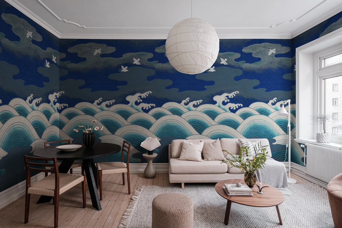 R19298 Waves Of Happiness Blue Imperfections Mural by Rebel Walls