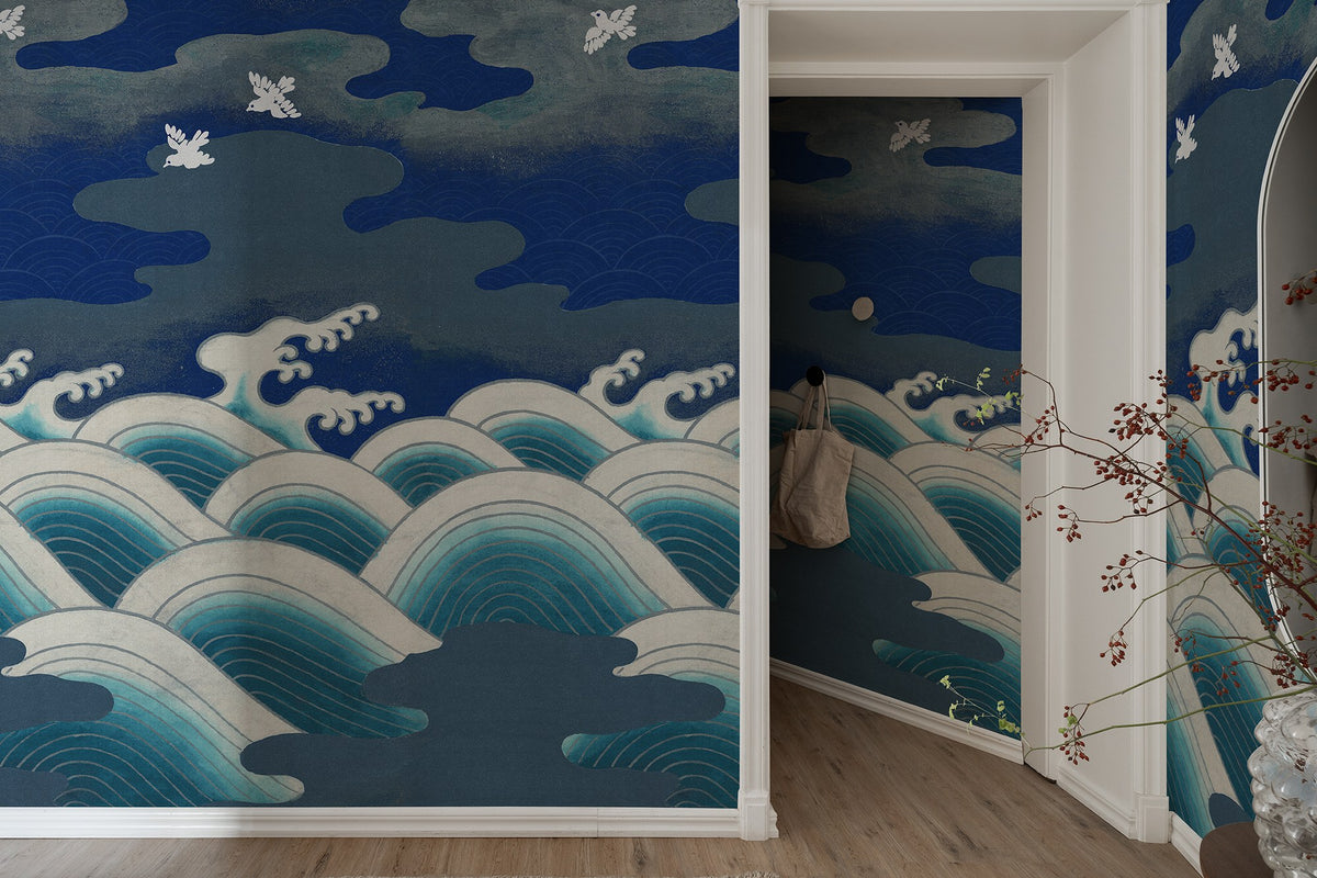 R19298 Waves Of Happiness Blue Imperfections Mural by Rebel Walls