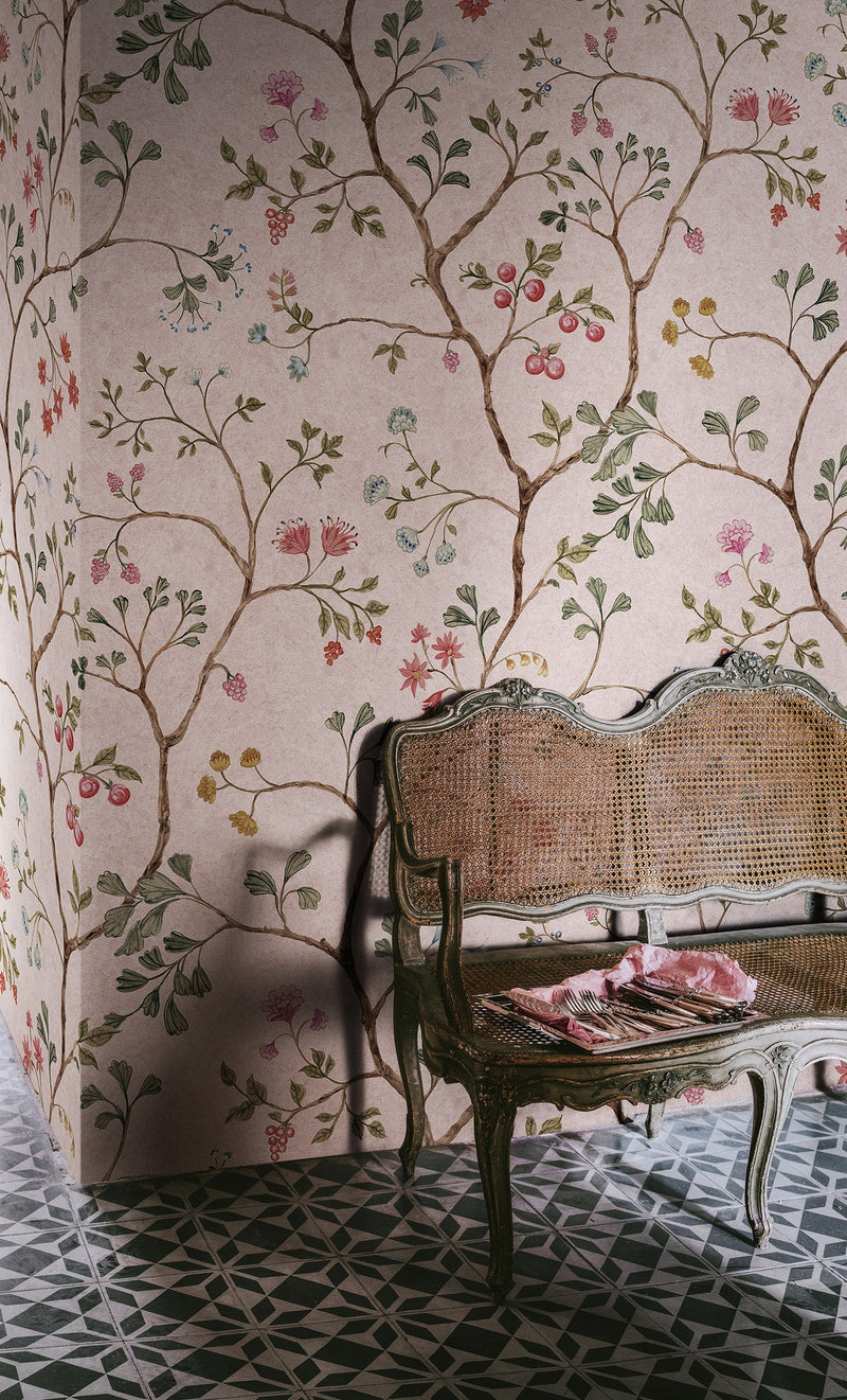 R19329 Song Tree Pink Cherry Vintage Brocade Mural by Rebel Walls