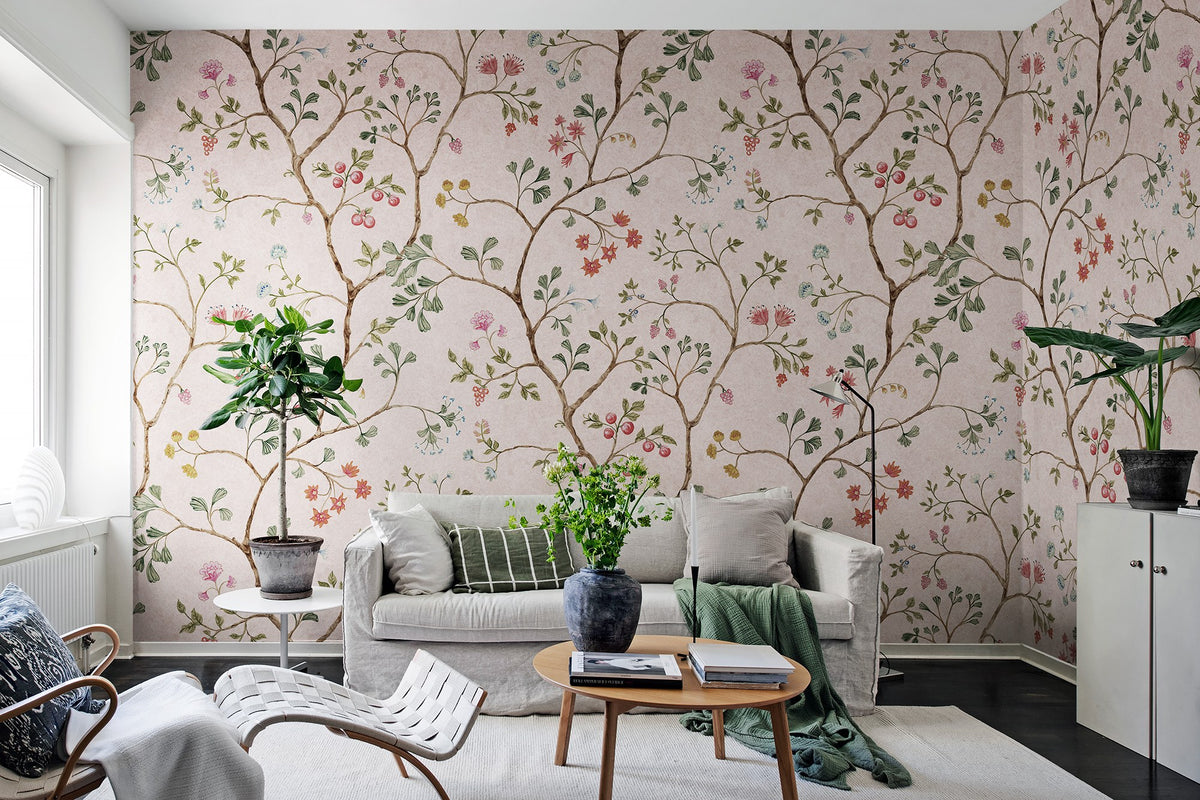 R19329 Song Tree Pink Cherry Vintage Brocade Mural by Rebel Walls