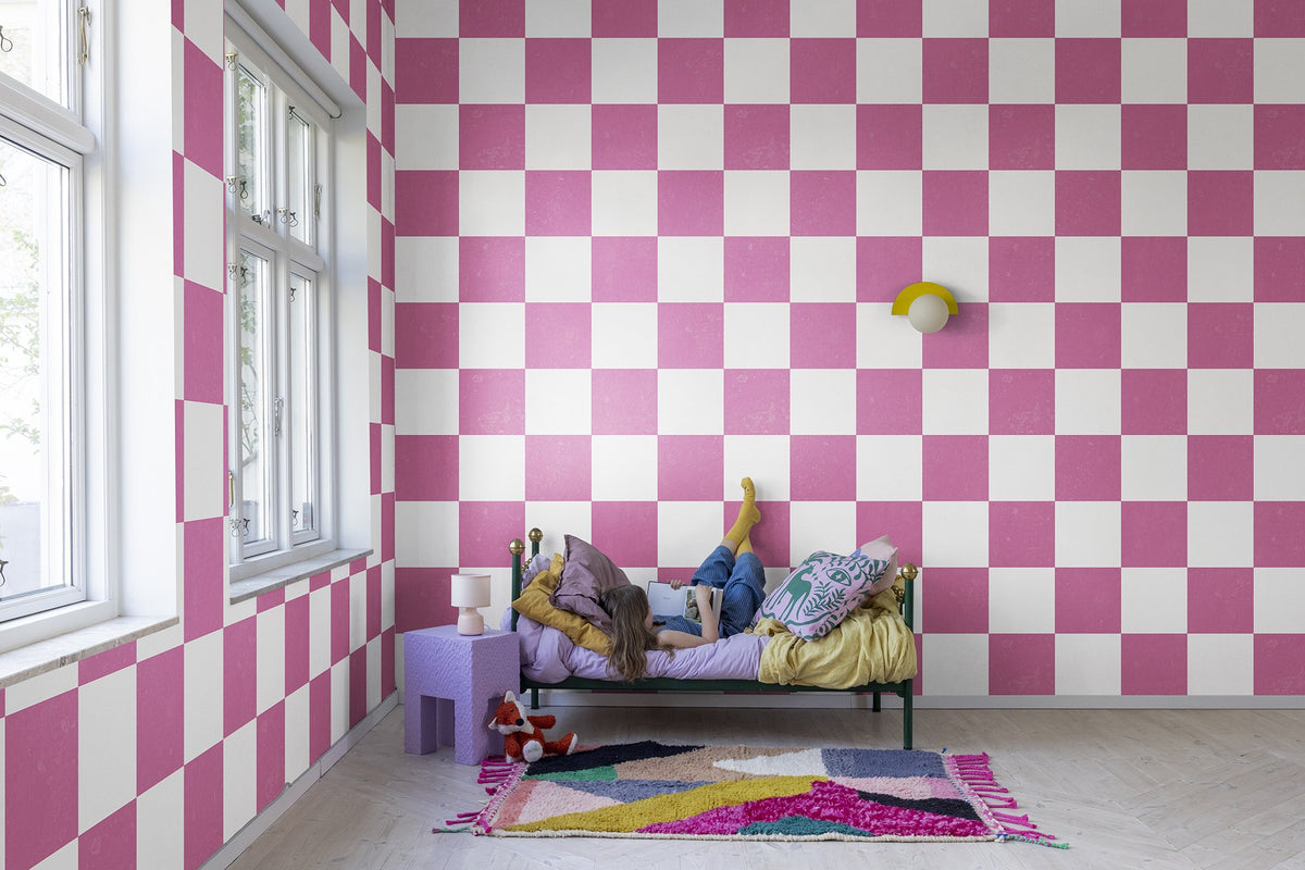 R19414 Chess Pink Maximalism Mural by Rebel Walls