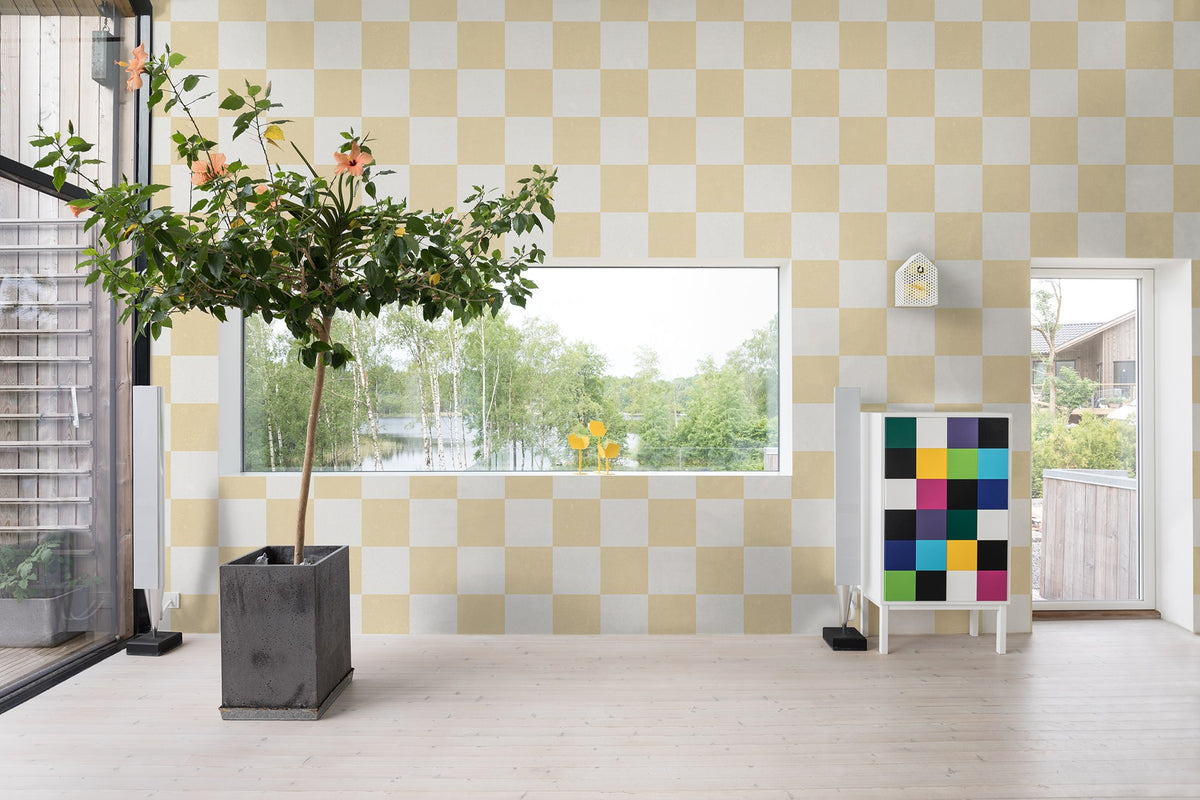 R19419 Chess Yellow Maximalism Mural by Rebel Walls