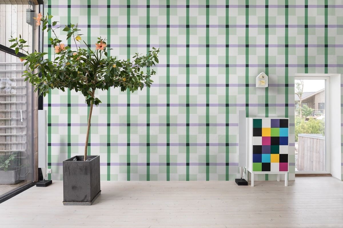 R19427 Outside The Box	Green & Lilac Maximalism Mural by Rebel Walls