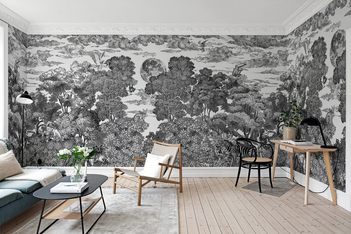 R19441 Bellewood Under The Moon Graphite Pops Mural by Rebel Walls