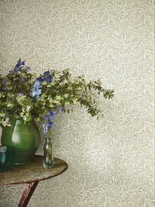 Taia Pigment Doeskin Averly Wallcoverings Wallpaper by Romo in a room