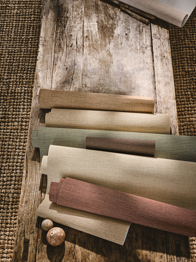 Nysa Linen Lemongrass Textured Wallcoverings Vol.II Wallpaper by Romo in a room