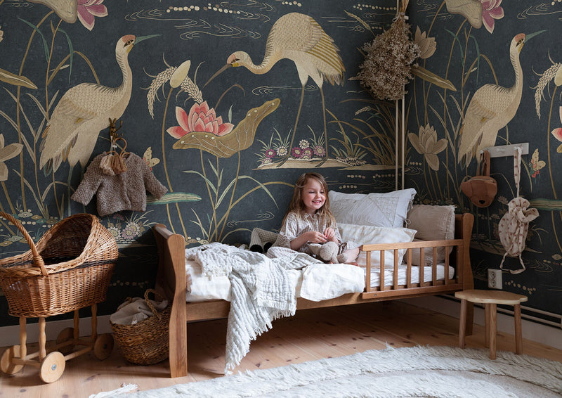 S10419 Dark Blue Seabirds Chinoiserie Garden Mural by Sandberg