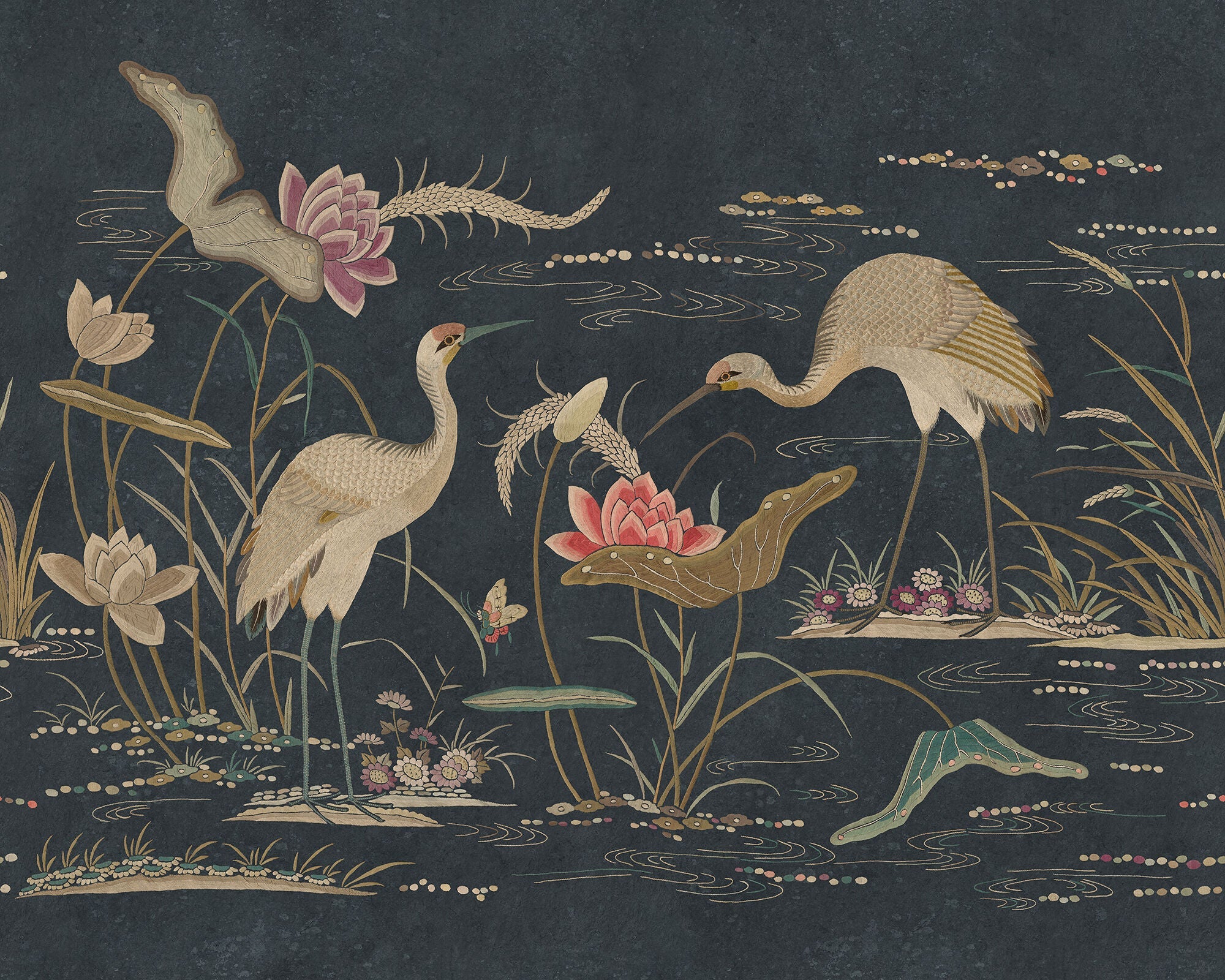 S10419 Dark Blue Seabirds Chinoiserie Garden Mural by Sandberg