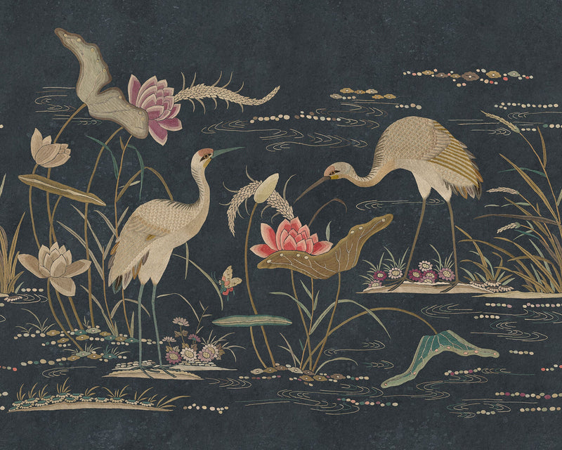 S10419 Dark Blue Seabirds Chinoiserie Garden Mural by Sandberg