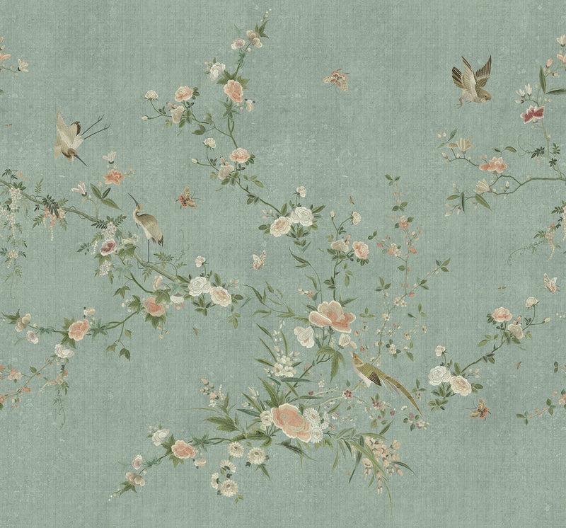 S10427 Teal Bloom Chinoiserie Garden Mural by Sandberg